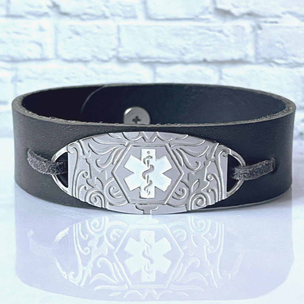 Amiel Grey Genuine Leather Medical Alert ID Bracelet Free Personalised Engraving Made to Fit, Free Gift Box by Shelley @buyamedicalalert.com