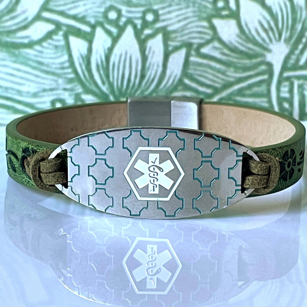 Anderson Olive Green Leather Medical Alert ID Bracelet - Personalised