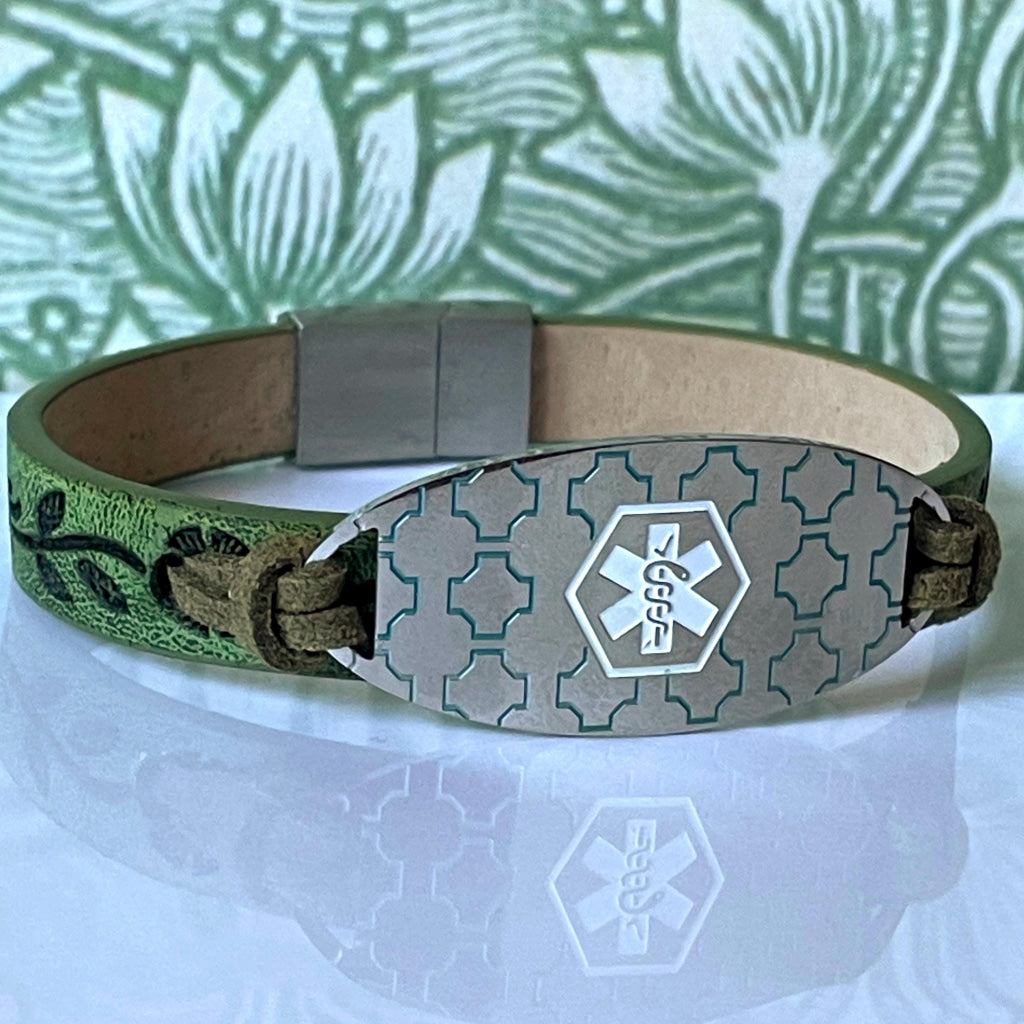 Anderson Olive Green Leather Medical Alert ID Bracelet - Personalised