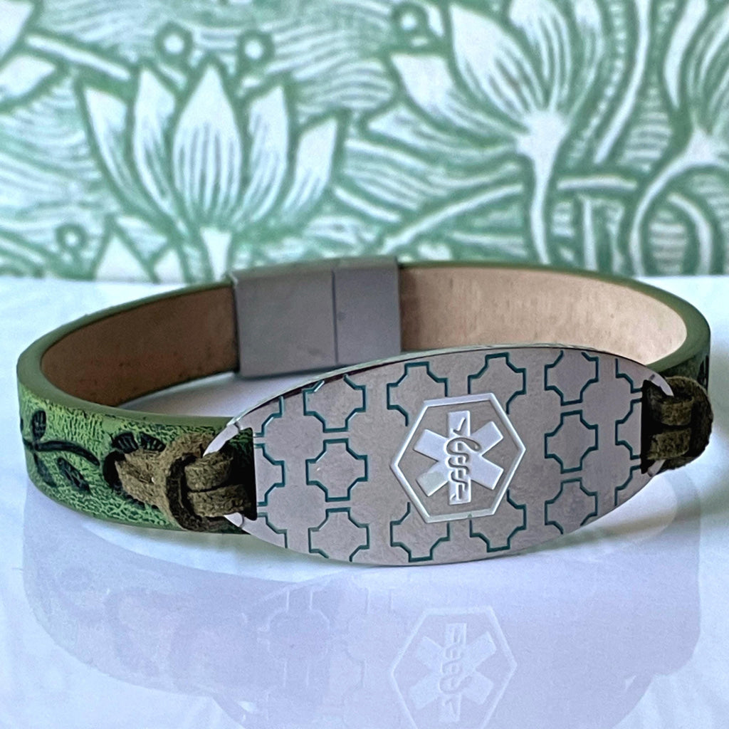Anderson Olive Green Leather Medical Alert ID Bracelet - Personalised