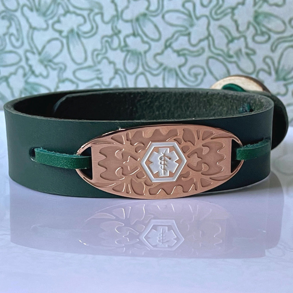 Antonia Green Leather Medical Alert ID Bracelet - Personalised