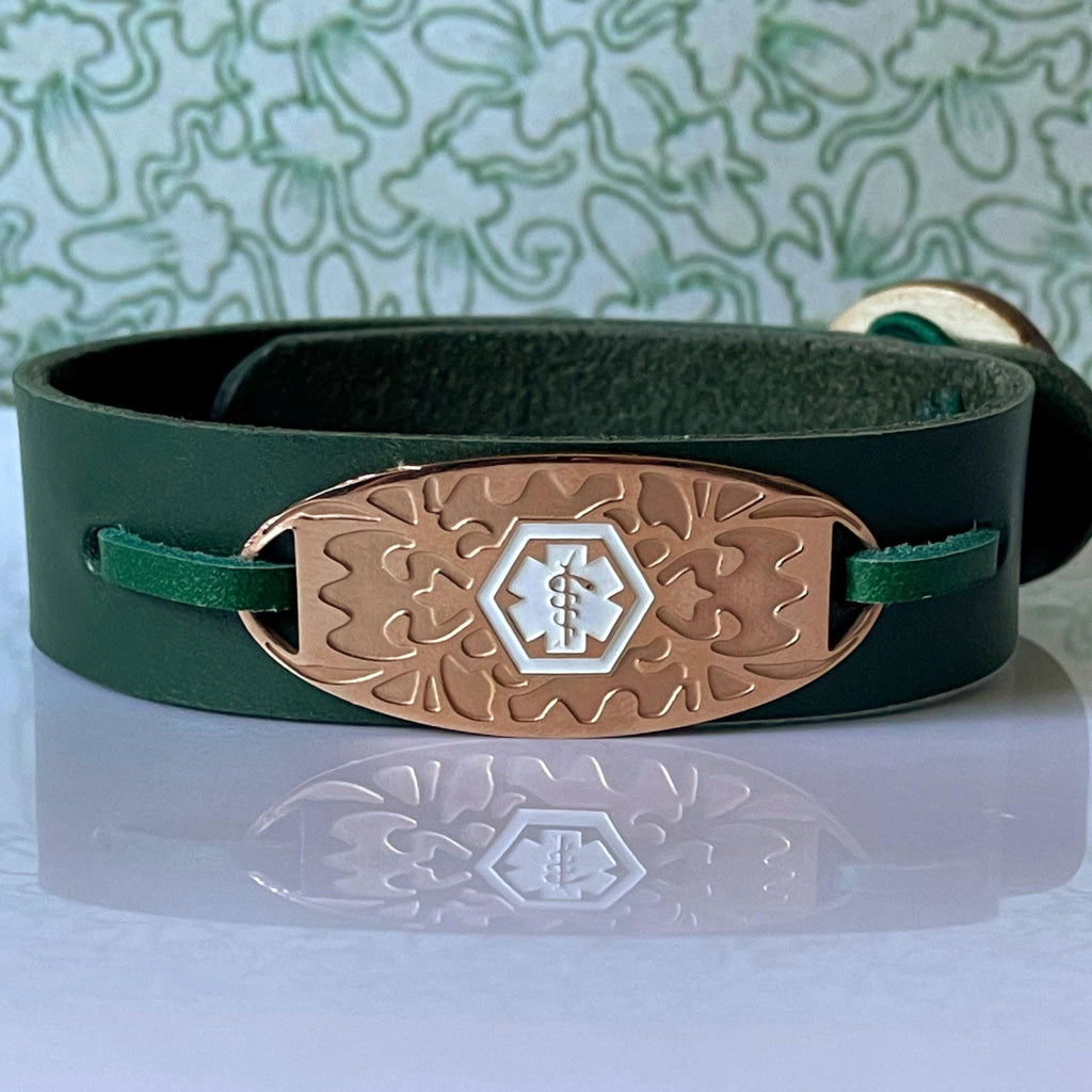 Antonia Green Leather Medical Alert ID Bracelet - Personalised