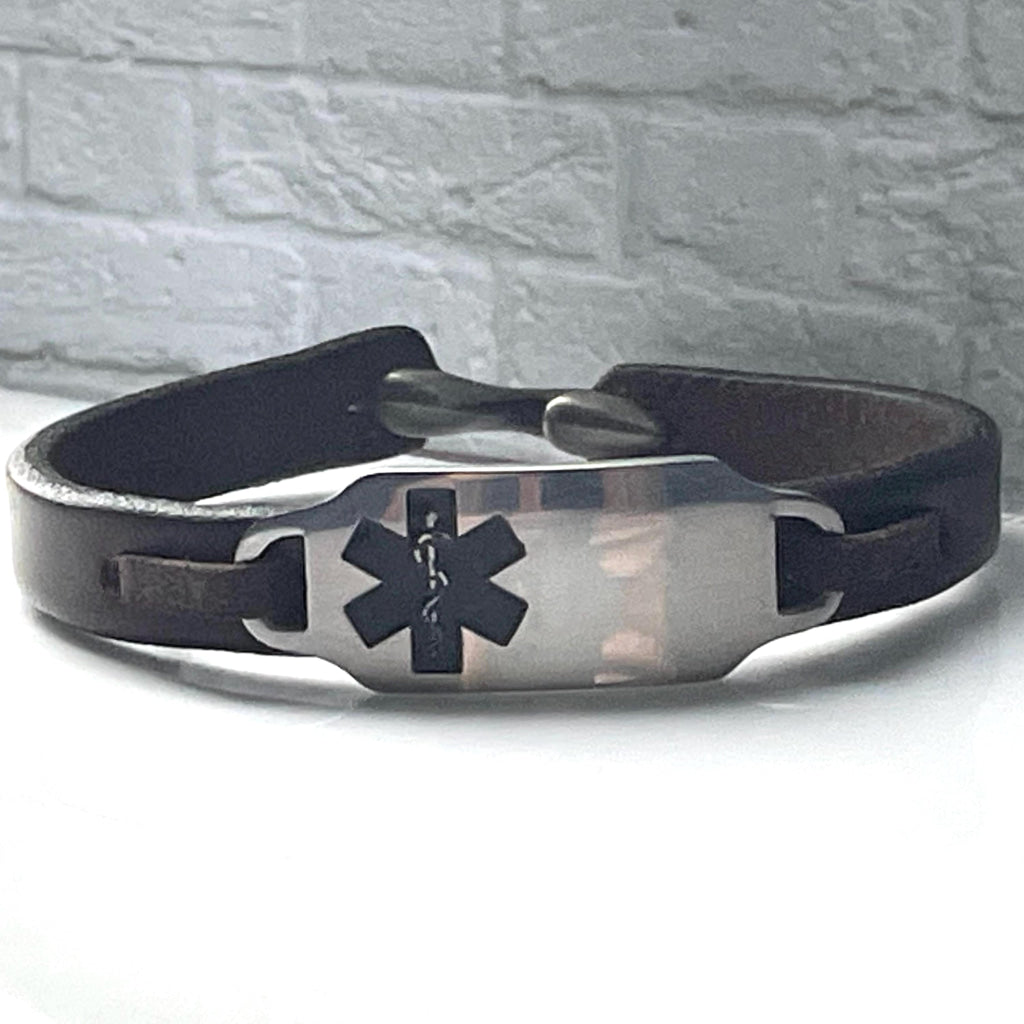 Asher Brown & Silver Genuine Leather Medical Alert ID Bracelet With Free Personalised Engraving Gift Box by Shelley @buyamedicalalert.com
