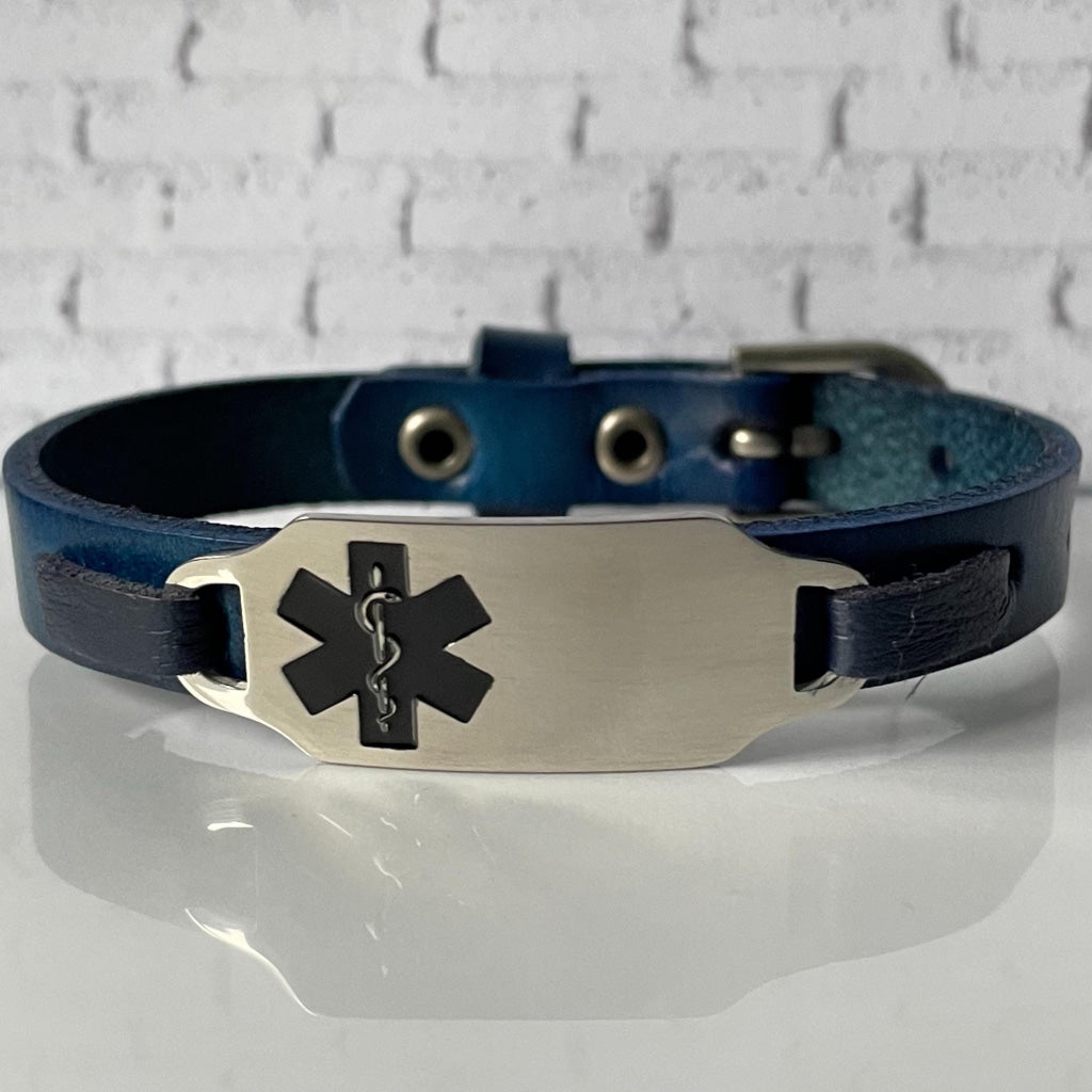 Charlotte Blue Genuine Leather Medical Alert ID Bracelet Free Personalised Engraving and Gift Box by Shelley @buyamedicalalert.com