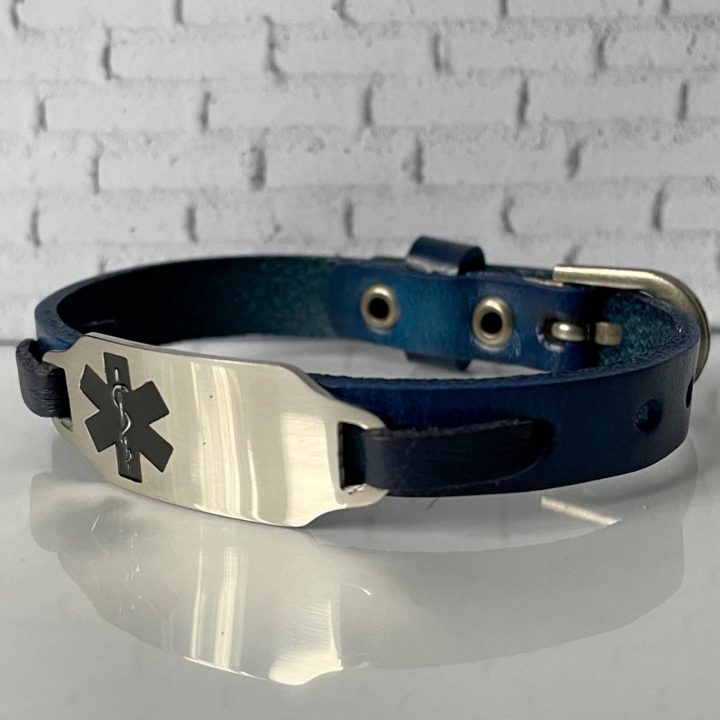 Charlotte Blue Genuine Leather Medical Alert ID Bracelet Free Personalised Engraving and Gift Box by Shelley @buyamedicalalert.com