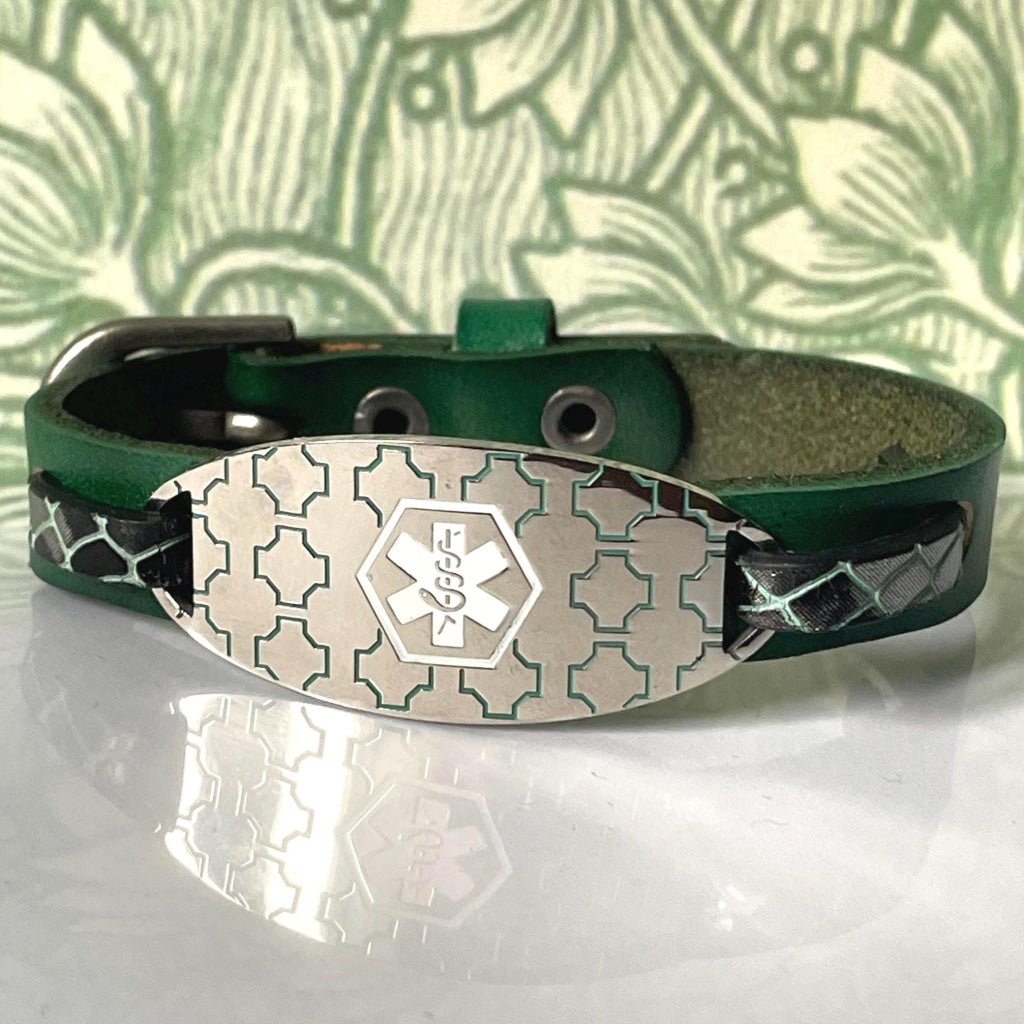 Charlotte Leather Medical Alert ID Bracelet in Green - Personalised