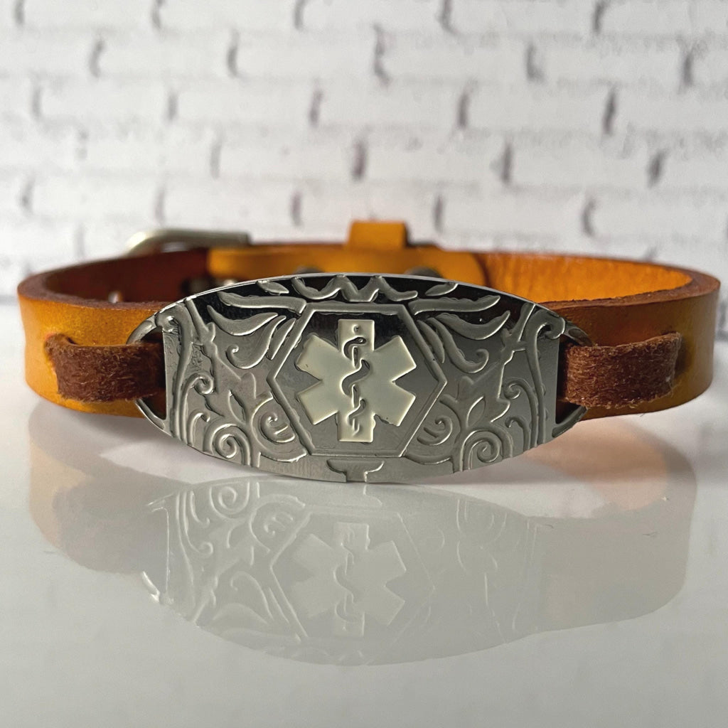 Charlotte Mustard Yellow Genuine Leather Medical Alert ID Bracelet Free Personalised Engraving and Gift Box by Shelley @buyamedicalalert.com