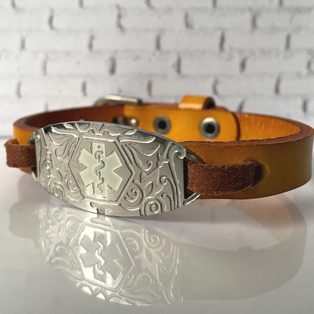 Charlotte Mustard Yellow Genuine Leather Medical Alert ID Bracelet Free Personalised Engraving and Gift Box by Shelley @buyamedicalalert.com