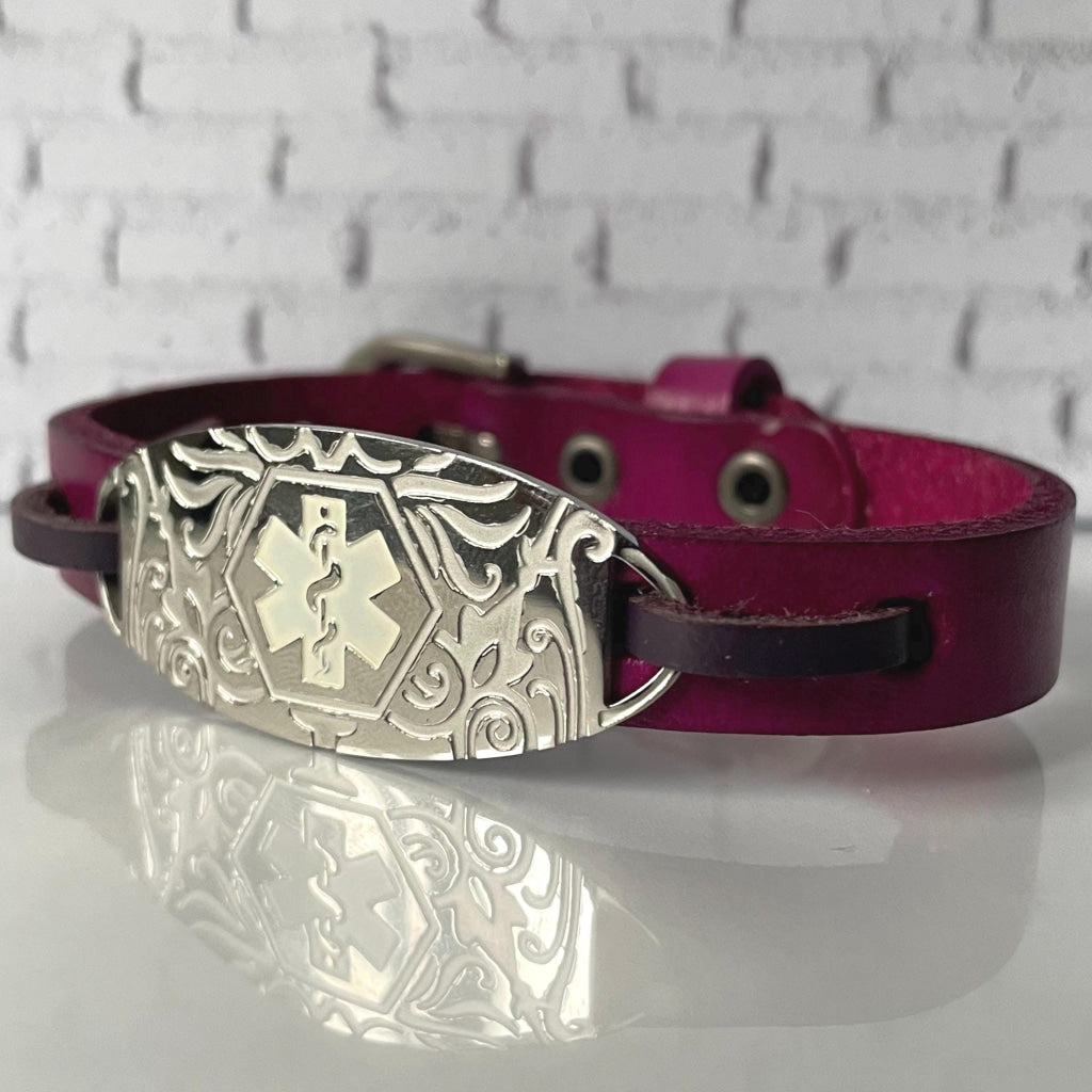 Charlotte Purple Genuine Leather Medical Alert ID Bracelet Free Personalised Engraving and Gift Box by Shelley @buyamedicalalert.com