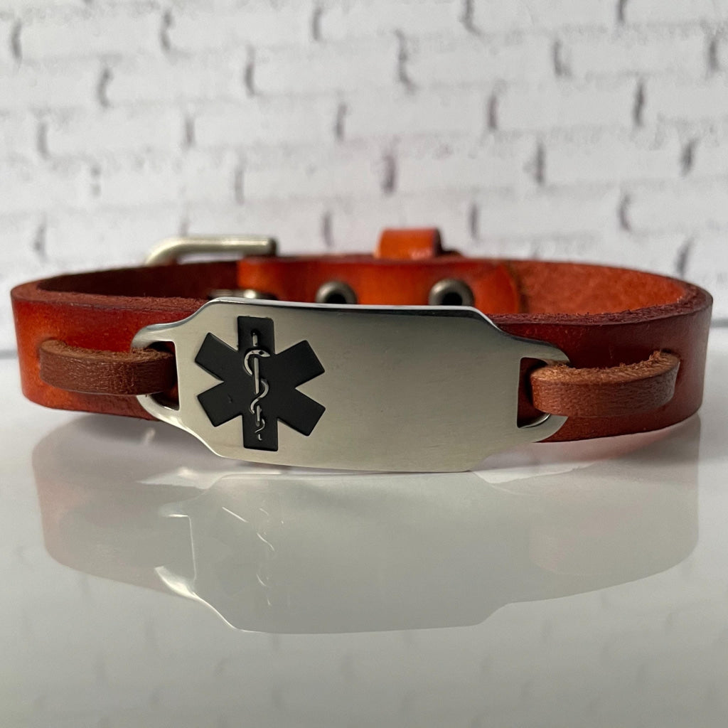 Charlotte Tan Genuine Leather Medical Alert ID Bracelet Free Personalised Engraving and Gift Box by Shelley @buyamedicalalert.com