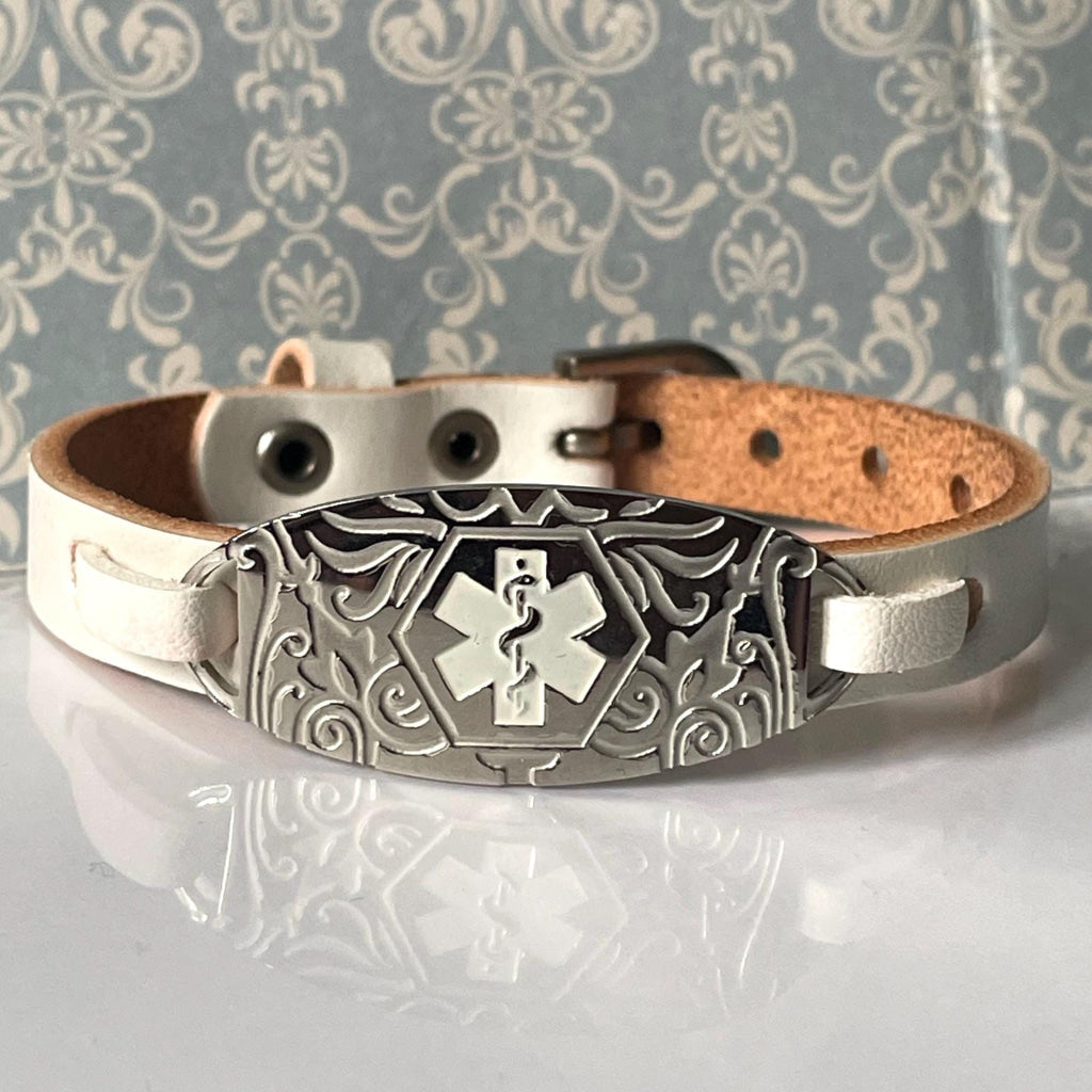 Charlotte White Genuine Leather Medical Alert ID Bracelet - Personalised