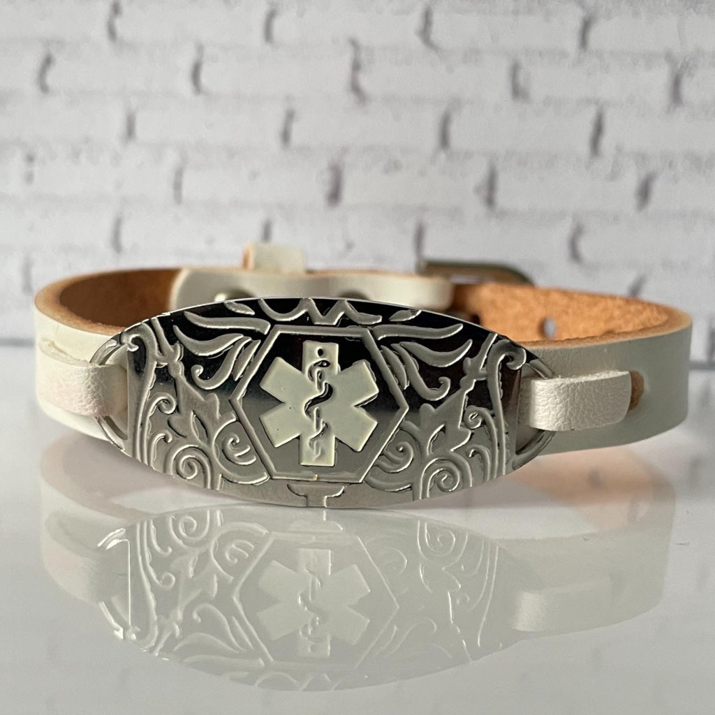 Charlotte White Genuine Leather Medical Alert ID Bracelet - Personalised