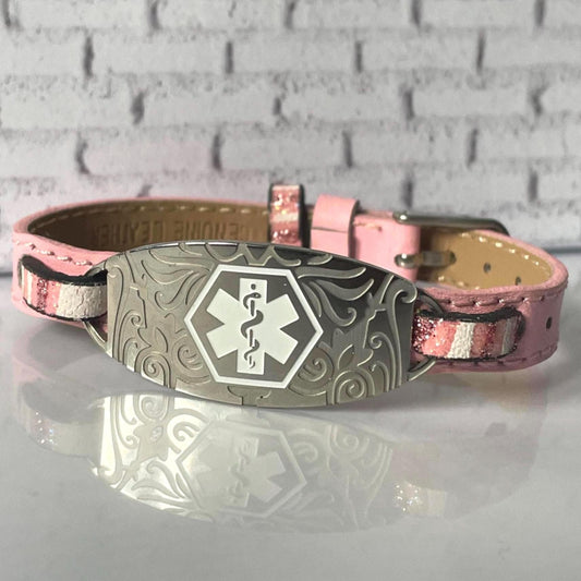 Emmie Pink Leather Medical Alert ID Bracelet - Personalised