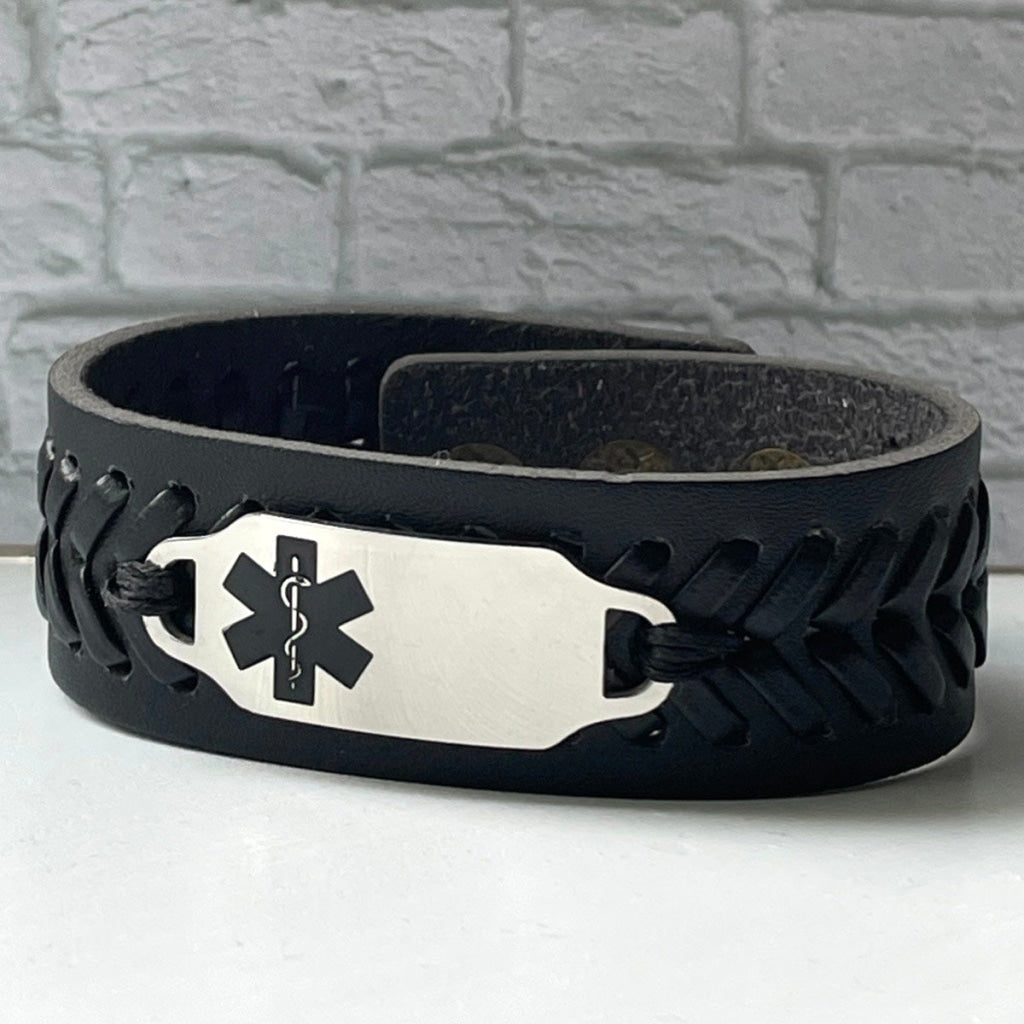 buyamedicalalert.com Esther Black Leather Medical Alert ID Bracelet - Personalised Identification Tags & Jewelry