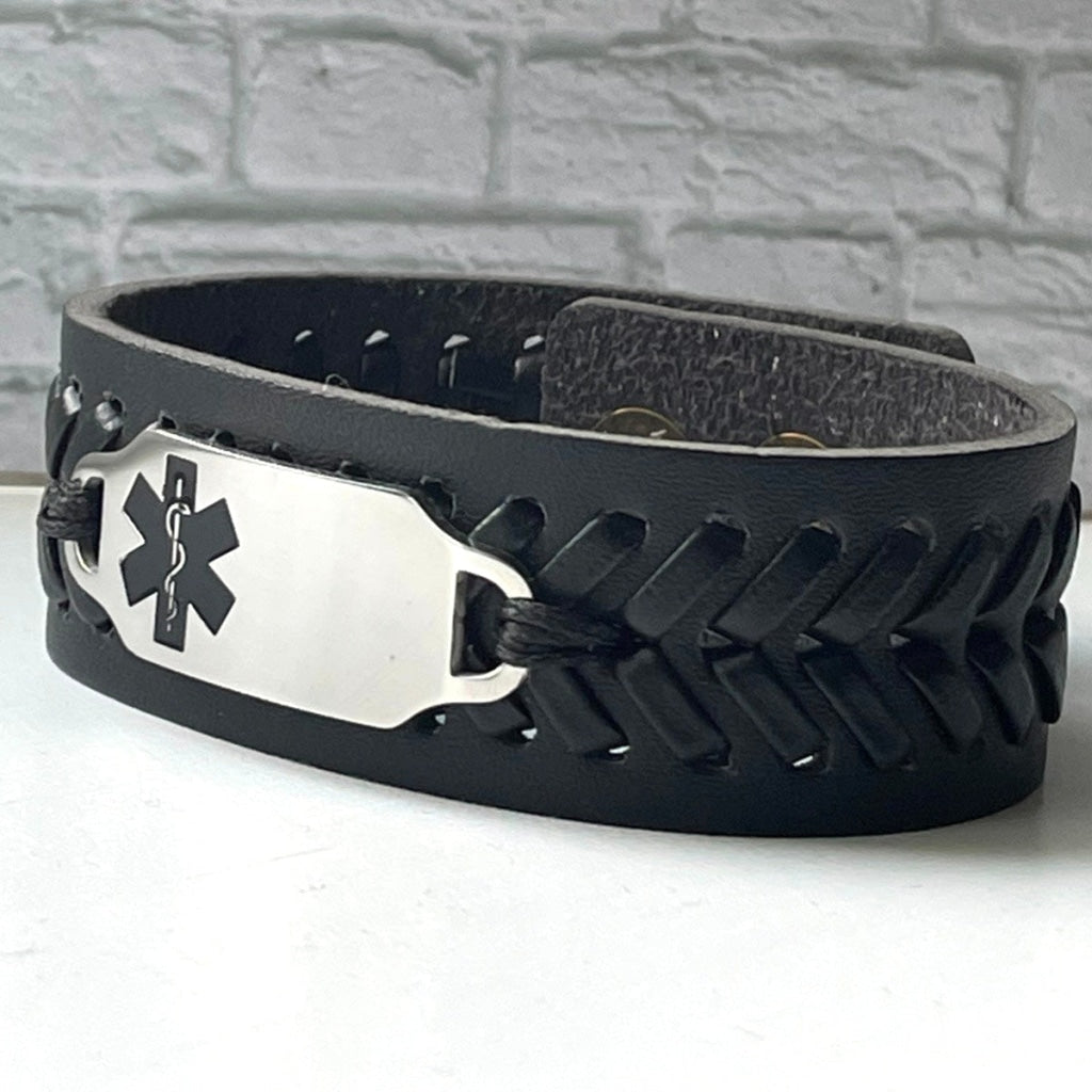buyamedicalalert.com Esther Black Leather Medical Alert ID Bracelet - Personalised Identification Tags & Jewelry