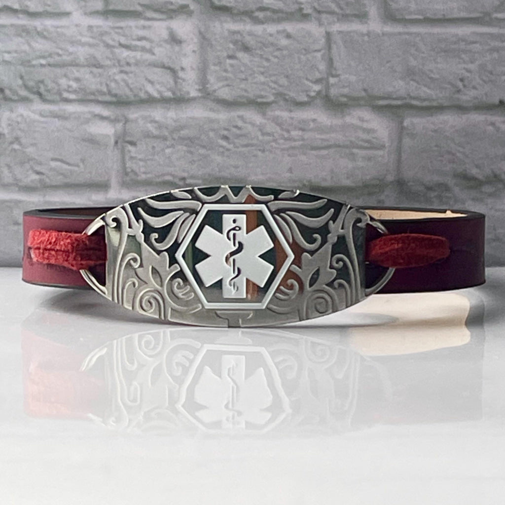 Eva Burgundy Leather Medical Alert ID Bracelet - Free Personalised Engraving, Gift Box Custom Made to Fit by Shelley @buyamedicalalert.com
