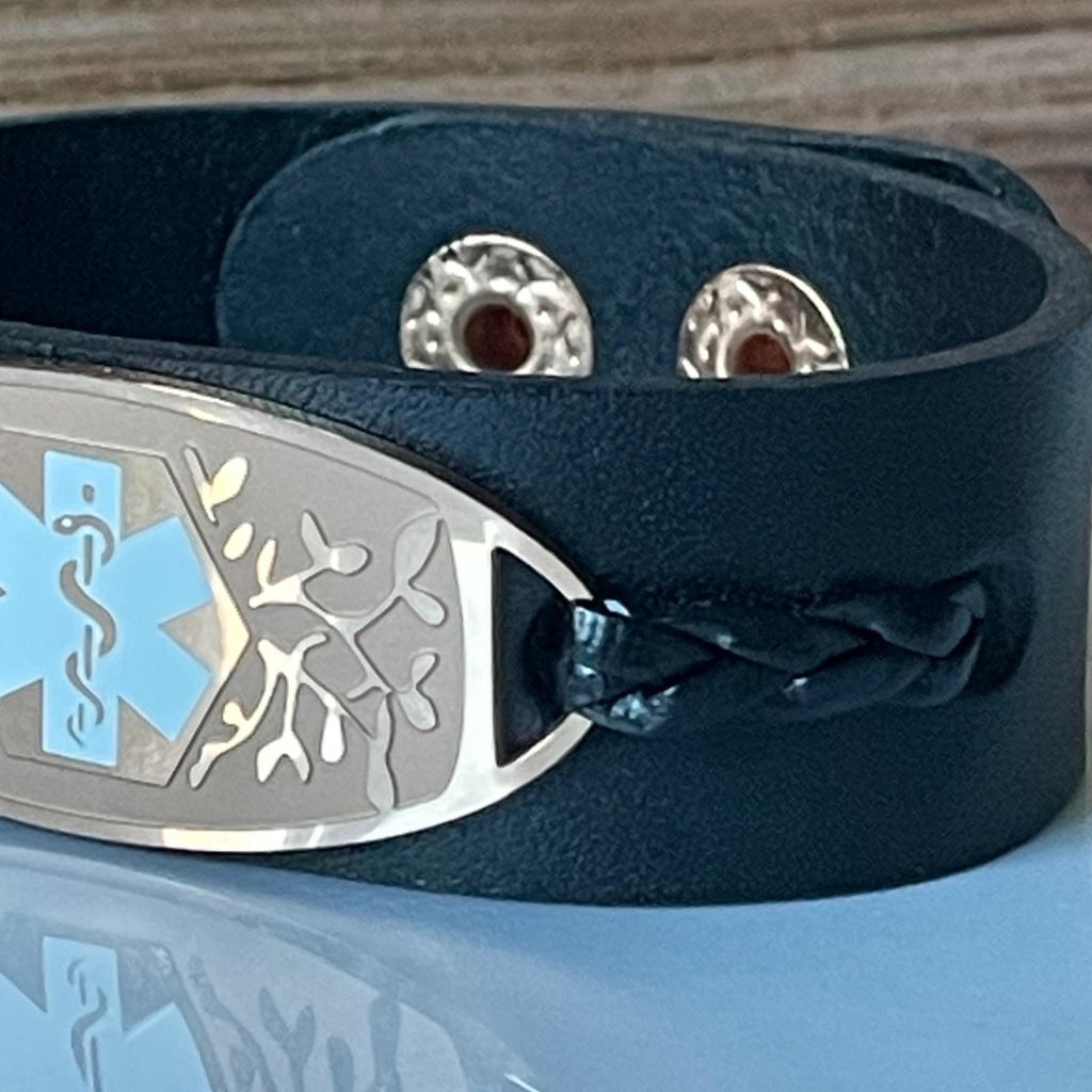 Francis Black Leather Medical Alert ID Bracelet - Personalised