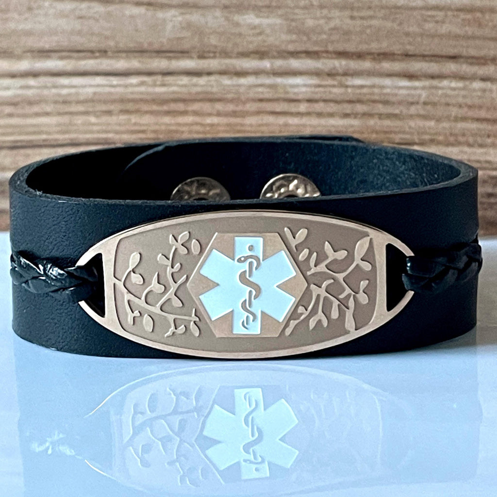 Francis Black Leather Medical Alert ID Bracelet - Personalised