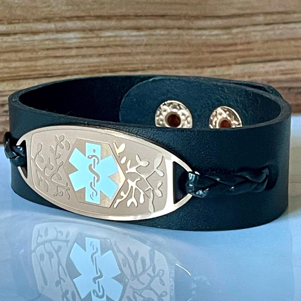 Francis Black Leather Medical Alert ID Bracelet - Personalised