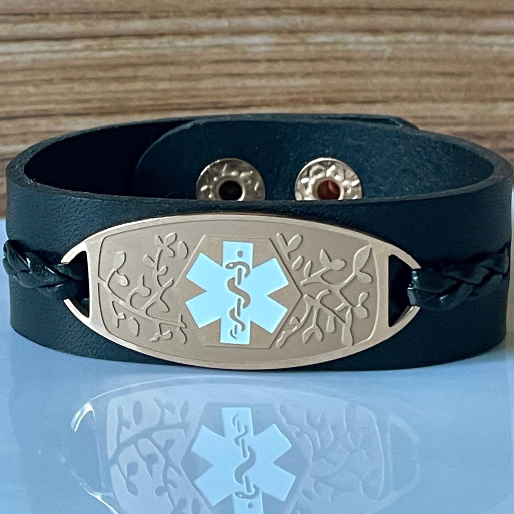 Francis Black Leather Medical Alert ID Bracelet - Personalised
