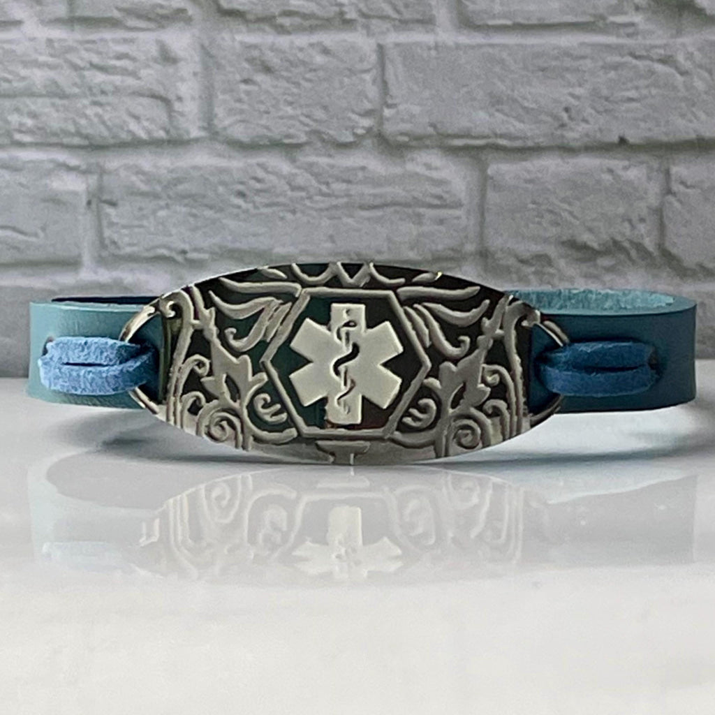 Frier Denim Blue Genuine Leather Medical Alert ID Bracelet - Personalised