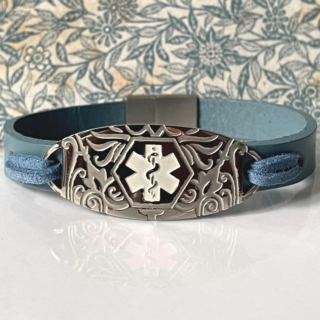 Frier Denim Blue Genuine Leather Medical Alert ID Bracelet - Personalised