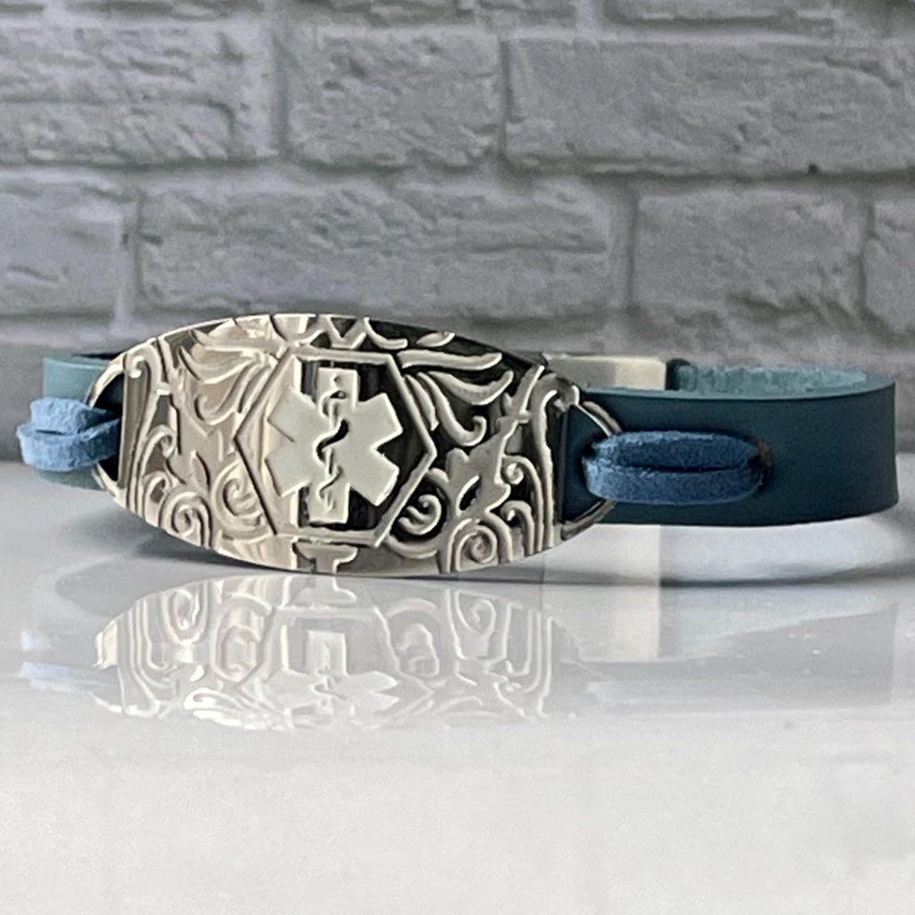 Frier Denim Blue Genuine Leather Medical Alert ID Bracelet - Personalised