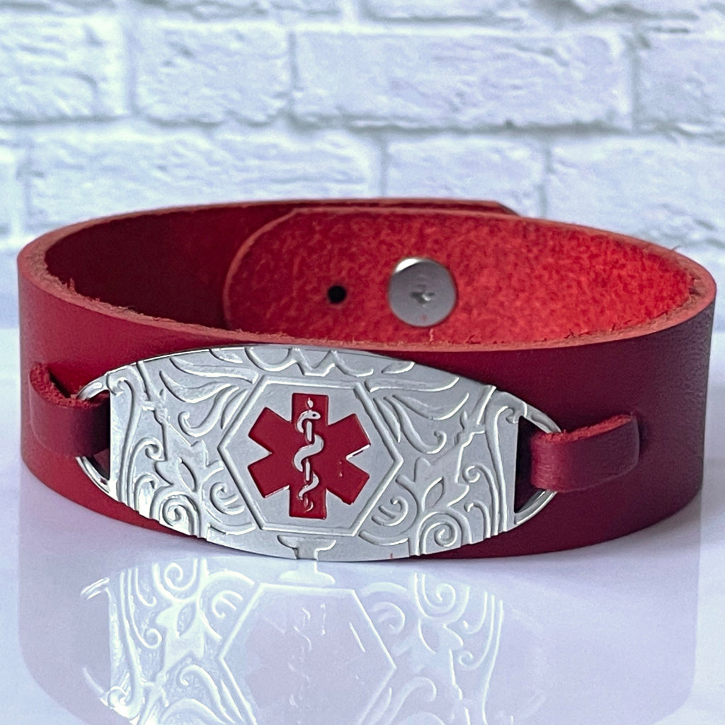 buyamedicalalert.com Hanson Red Genuine Leather Medical Alert ID Bracelet - Personalised Identification Tags & Jewelry