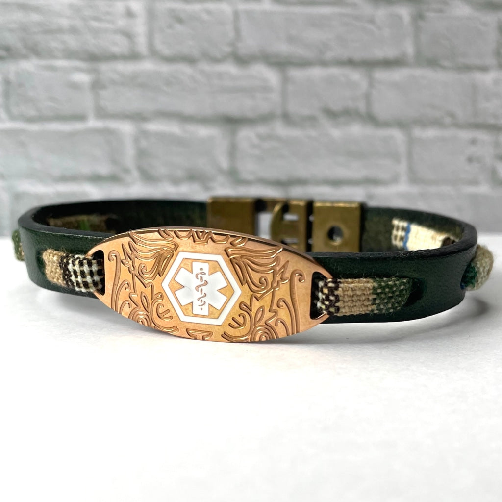 buyamedicalalert.com Hill Green Leather Medical Alert ID Bracelet - Personalised