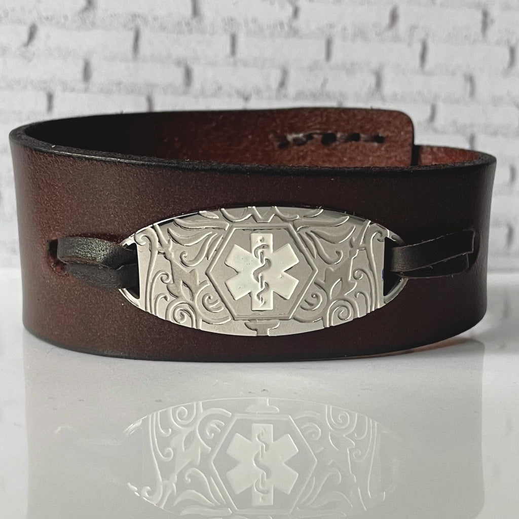 Kundra Brown Genuine Leather Medic Alert Medical ID and Allergy Cuff Style Bracelet Free Custom Engraving by Shelley @buyamedicalalert.com