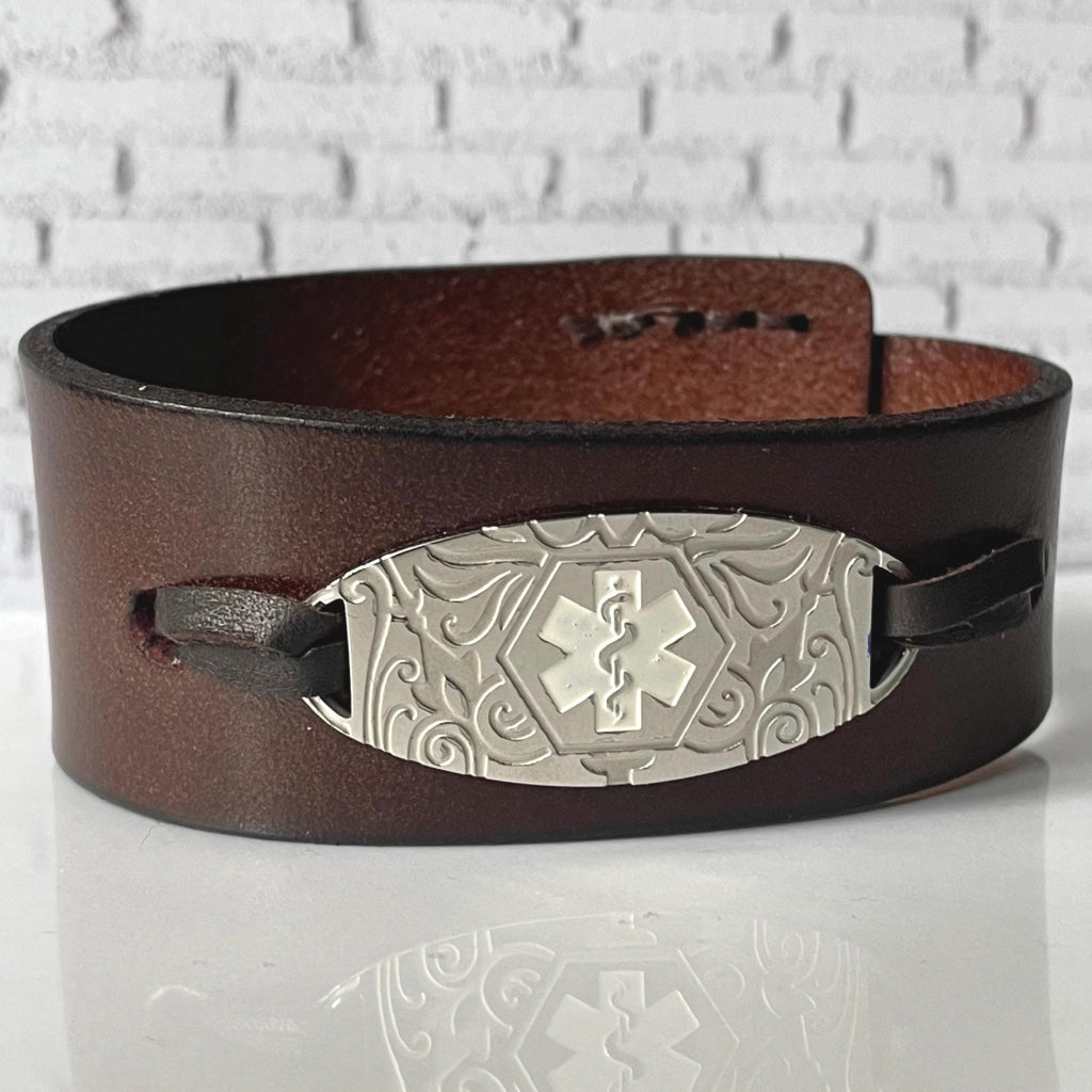 Kundra Brown Genuine Leather Medic Alert Medical ID and Allergy Cuff Style Bracelet Free Custom Engraving by Shelley @buyamedicalalert.com