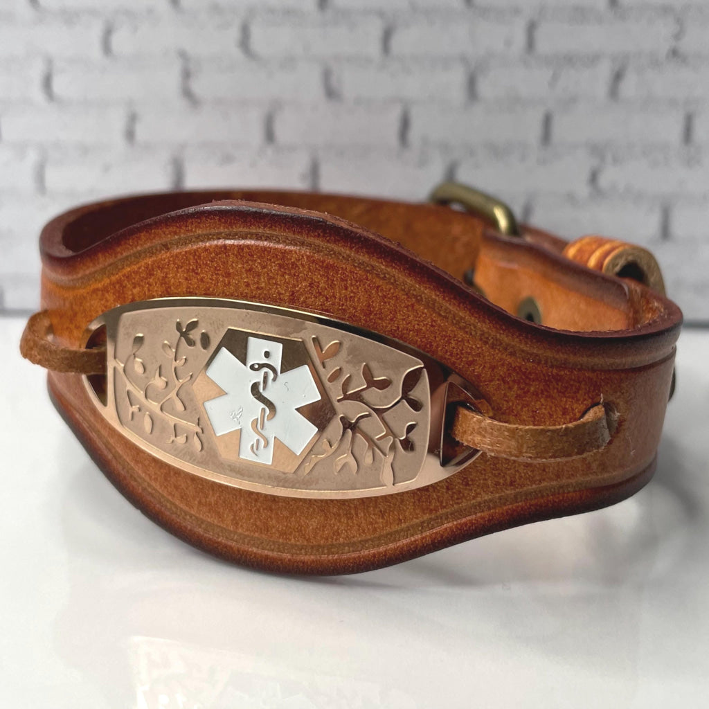 Laing Tan & Rose Gold Cuff Genuine Leather Medical Alert ID Bracelet Free Personalised Engraving, Gift Box by Shelley @buyamedicalalert.com