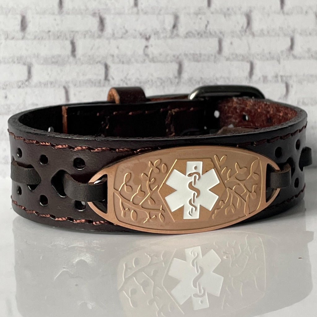 Levine Brown Genuine Leather Medical Alert ID Bracelet - Personalised