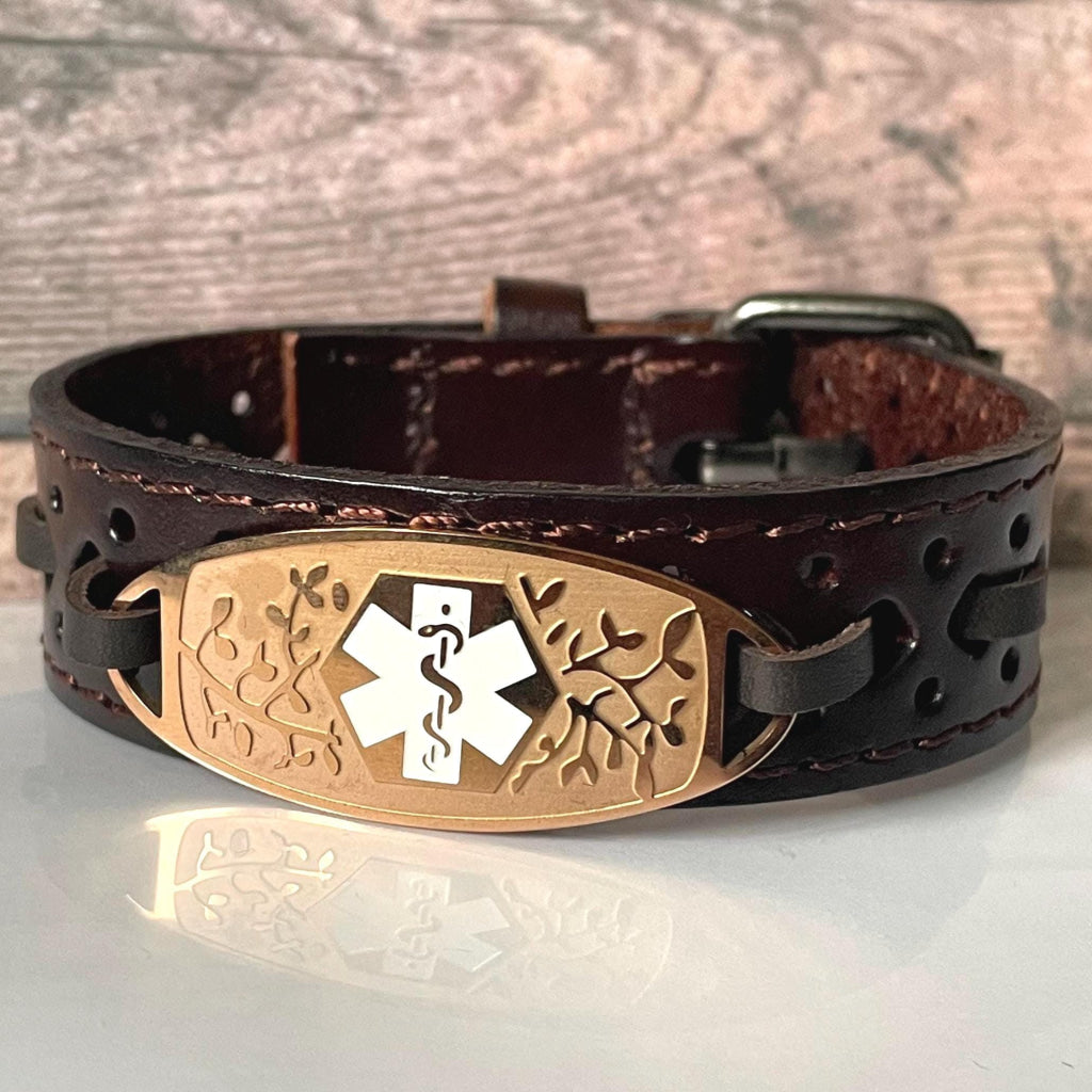 Levine Brown Genuine Leather Medical Alert ID Bracelet - Personalised