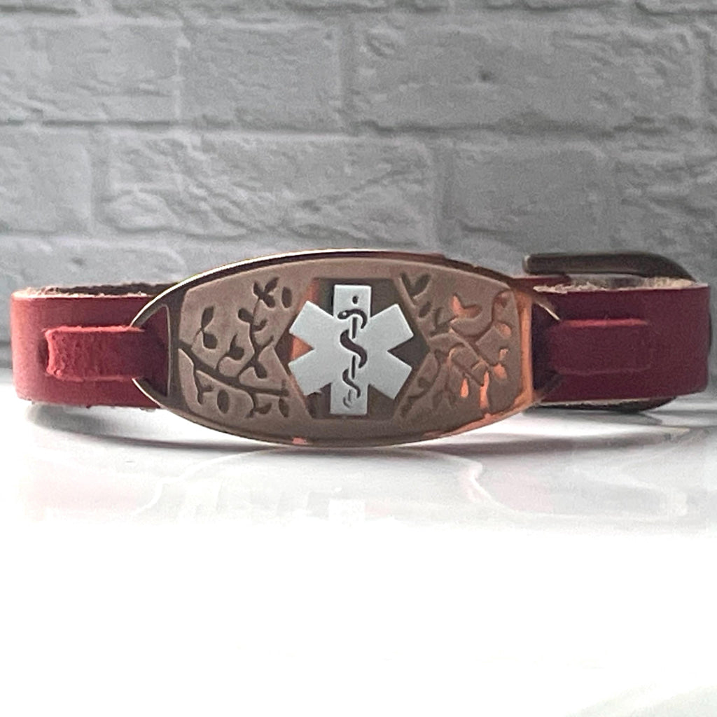 Molly Red & Rose Gold Genuine Leather Medical Alert ID Bracelet With Free Personalised Engraving Gift Box by Shelley @buyamedicalalert.com