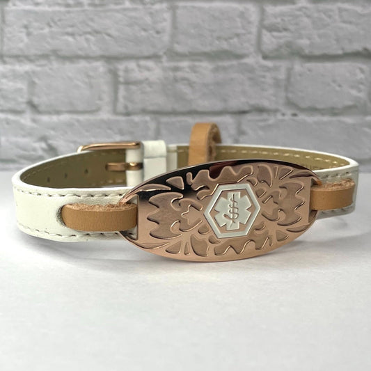 Rosalind White Leather Medical Alert ID Bracelet - Free Personalised Engraving with Gift Box & Medical Card by Shelley @buyamedicalalert.com