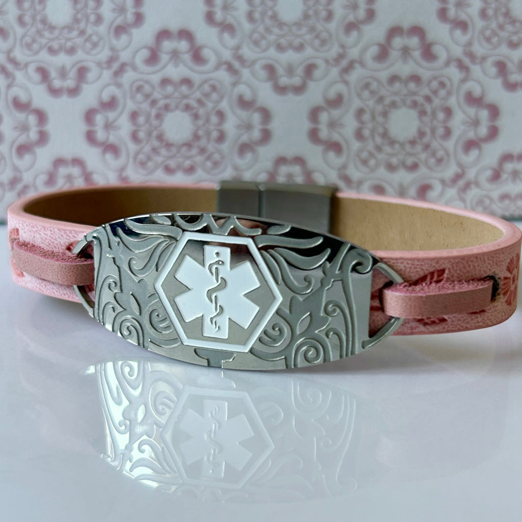 buyamedicalalert.com Sherlock Pink Leather Medical Alert ID Bracelet - Personalised