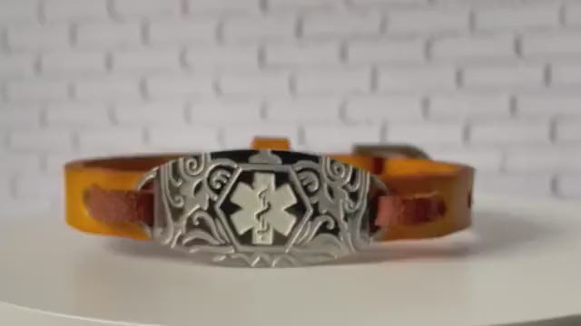 Charlotte Mustard Yellow Genuine Leather Medical Alert ID Bracelet Free Personalised Engraving and Gift Box by Shelley @buyamedicalalert.com