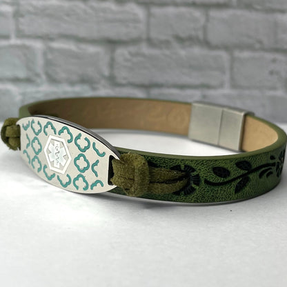 buyamedicalalert.com Anderson Olive Green Leather Medical Alert ID Bracelet - Personalised