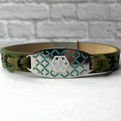 buyamedicalalert.com Anderson Olive Green Leather Medical Alert ID Bracelet - Personalised