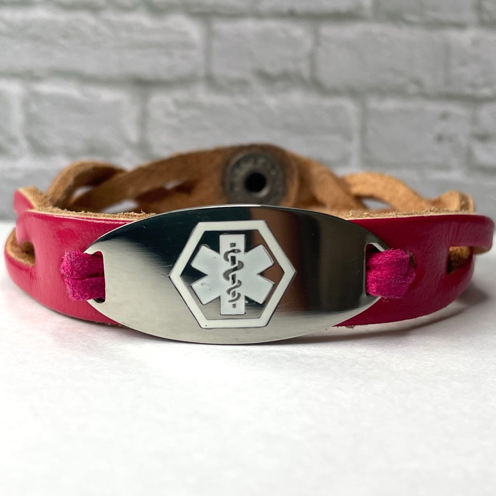 buyamedicalalert.com Athene Pink Leather Medical Alert ID Bracelet - Personalised