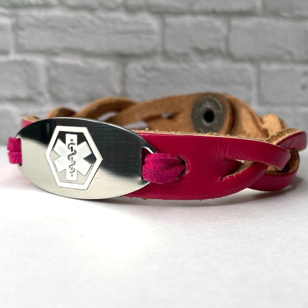 buyamedicalalert.com Athene Pink Leather Medical Alert ID Bracelet - Personalised