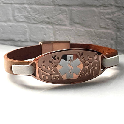 Bayliss Beige & Rose Gold Leather Medical Alert ID Bracelet - Free Personalised Engraving Custom Made Size by Shelley @buyamedicalalert.com