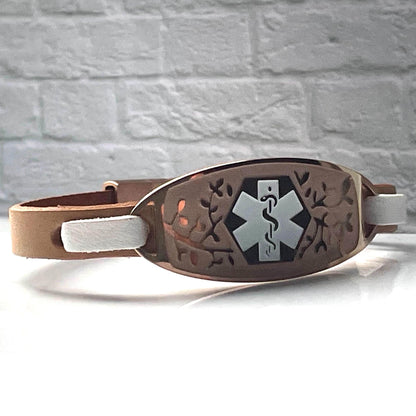 Bayliss Beige & Rose Gold Leather Medical Alert ID Bracelet - Free Personalised Engraving Custom Made Size by Shelley @buyamedicalalert.com