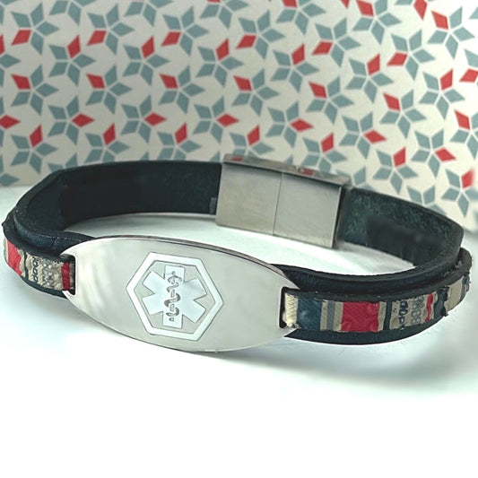 Blake Navy Striped Leather Medical Alert ID Bracelet - Free Personalised Engraving Custom Made to Fit by Shelley at buyamedicalalert.com