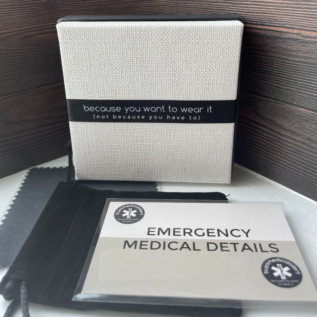 Brewster Black and White Leather Medical Alert ID Bracelet - Free Personalised Engraving & Medical Card by Shelley @buyamedicalalert.com