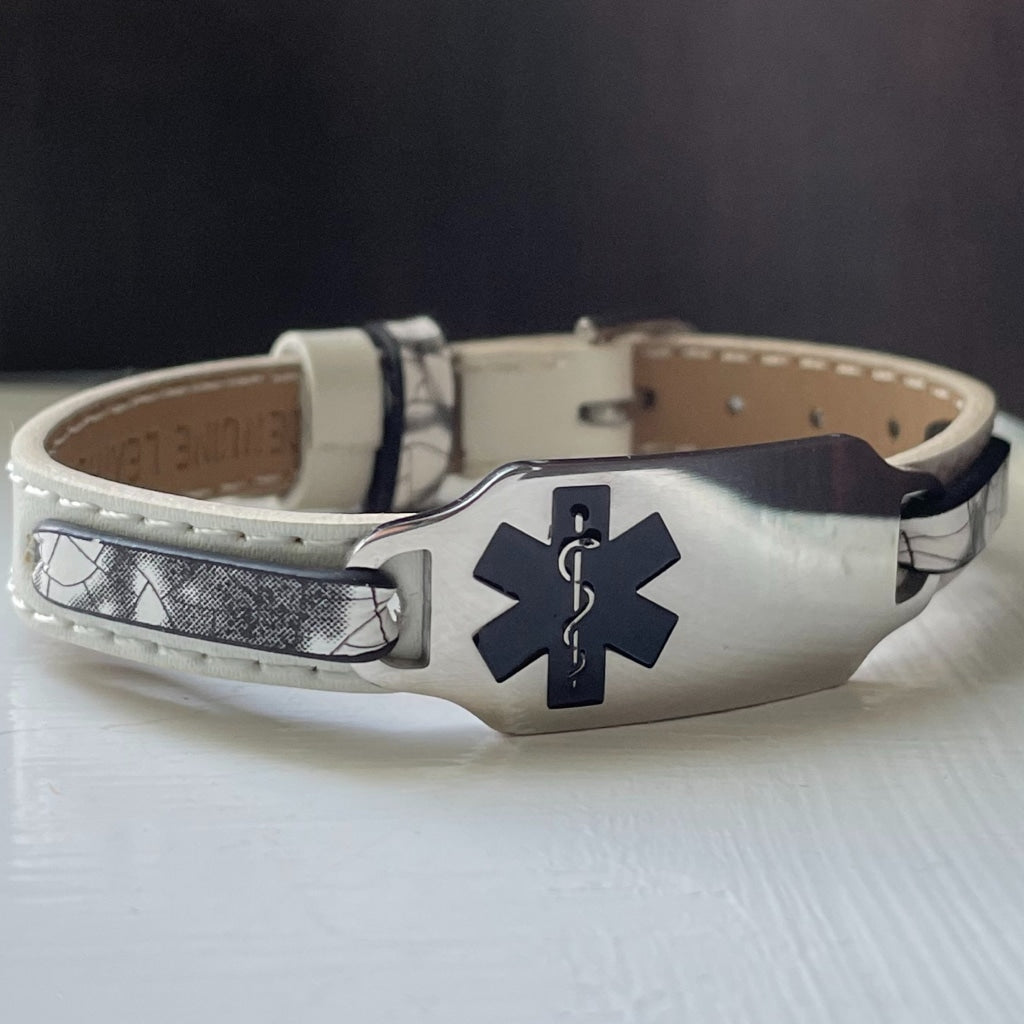 Brewster Black and White Leather Medical Alert ID Bracelet - Free Personalised Engraving & Medical Card by Shelley @buyamedicalalert.com