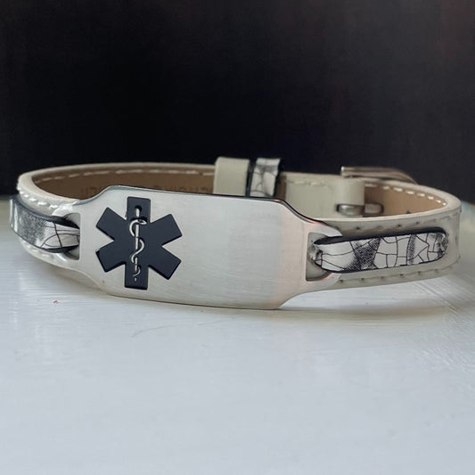 Brewster Black and White Leather Medical Alert ID Bracelet - Free Personalised Engraving & Medical Card by Shelley @buyamedicalalert.com
