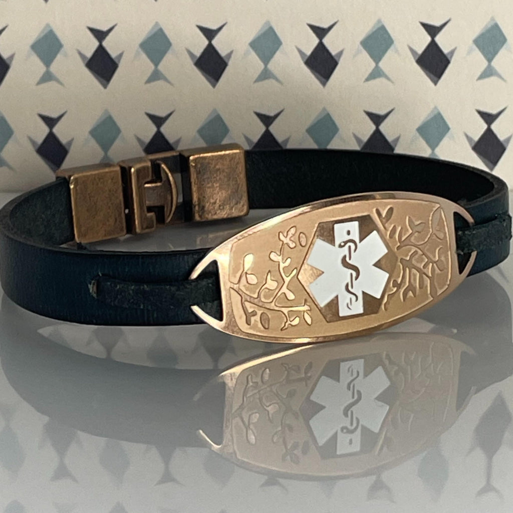 Caldon Navy Genuine Leather Rose Gold Medical Alert ID Bracelet Free Personalised Engraving Custom Made by Shelley @buyamedicalalert.com