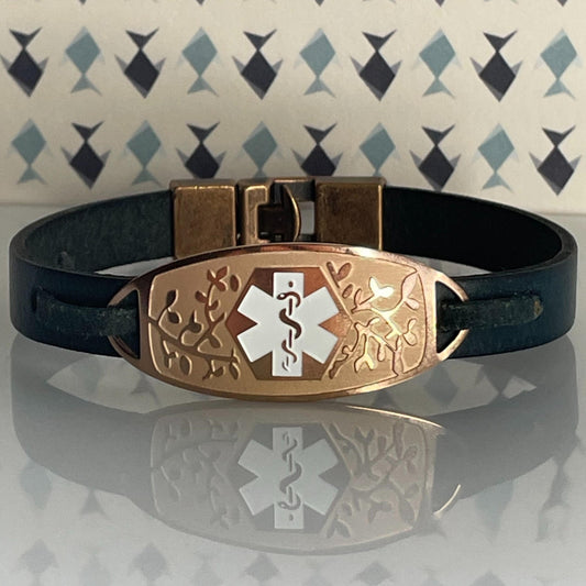 Caldon Navy Genuine Leather Rose Gold Medical Alert ID Bracelet Free Personalised Engraving Custom Made by Shelley @buyamedicalalert.com